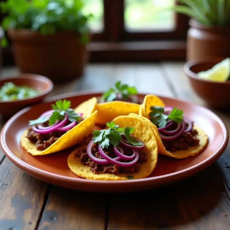 Plato con tostadas de maíz doradas cubiertas de cogote de res desmenuzado, cebolla morada encurtida, aguacate y cilantro, con un fondo rústico de madera.