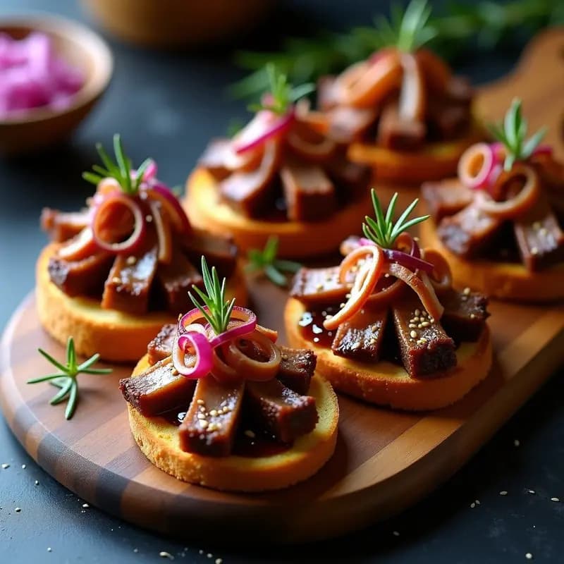 Tostadas doradas con cogote de cerdo jugoso, muslos de pato ahumado desmenuzado, cebolla morada caramelizada y semillas de sésamo, servidas en una tabla de madera rústica.