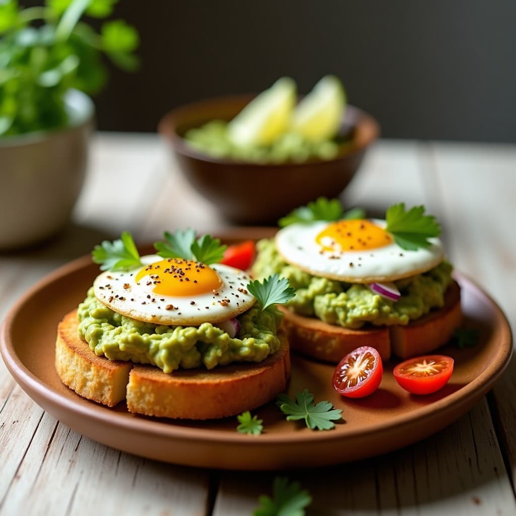 Tostadas doradas de pan de coliflor con una capa cremosa de guacamole verde y un huevo pochado perfecto encima, espolvoreadas con semillas de sésamo. Plato de desayuno keto saludable y apetitoso.