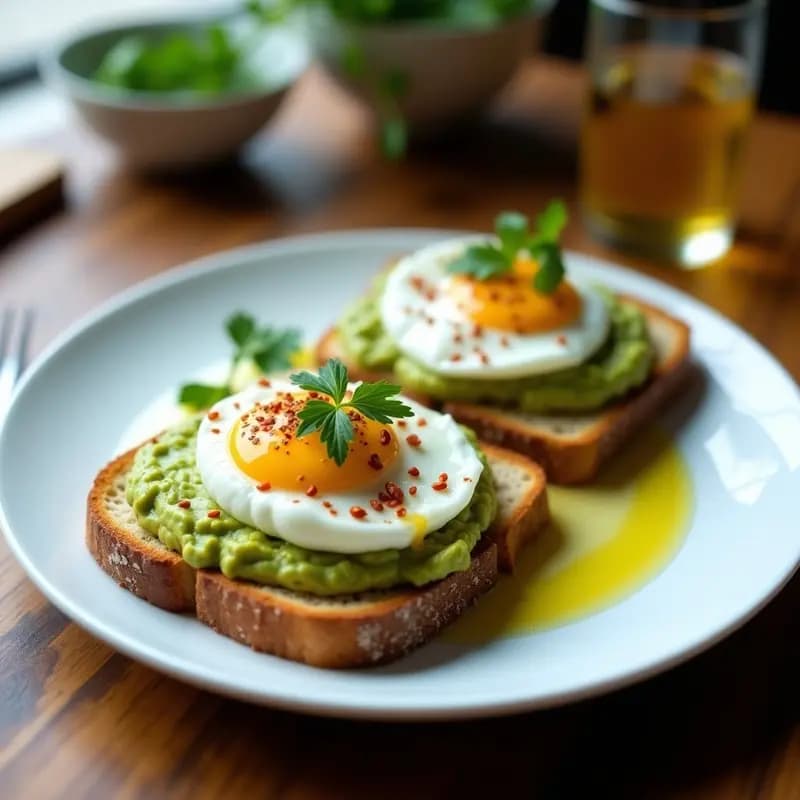 Plato blanco con dos tostadas doradas de pan integral cubiertas de aguacate cremoso, huevo pochado con yema líquida, semillas de sésamo y copos de chile rojo, acompañadas de cilantro fresco. Receta de tostadas crujientes con aguacate y huevo pochado.