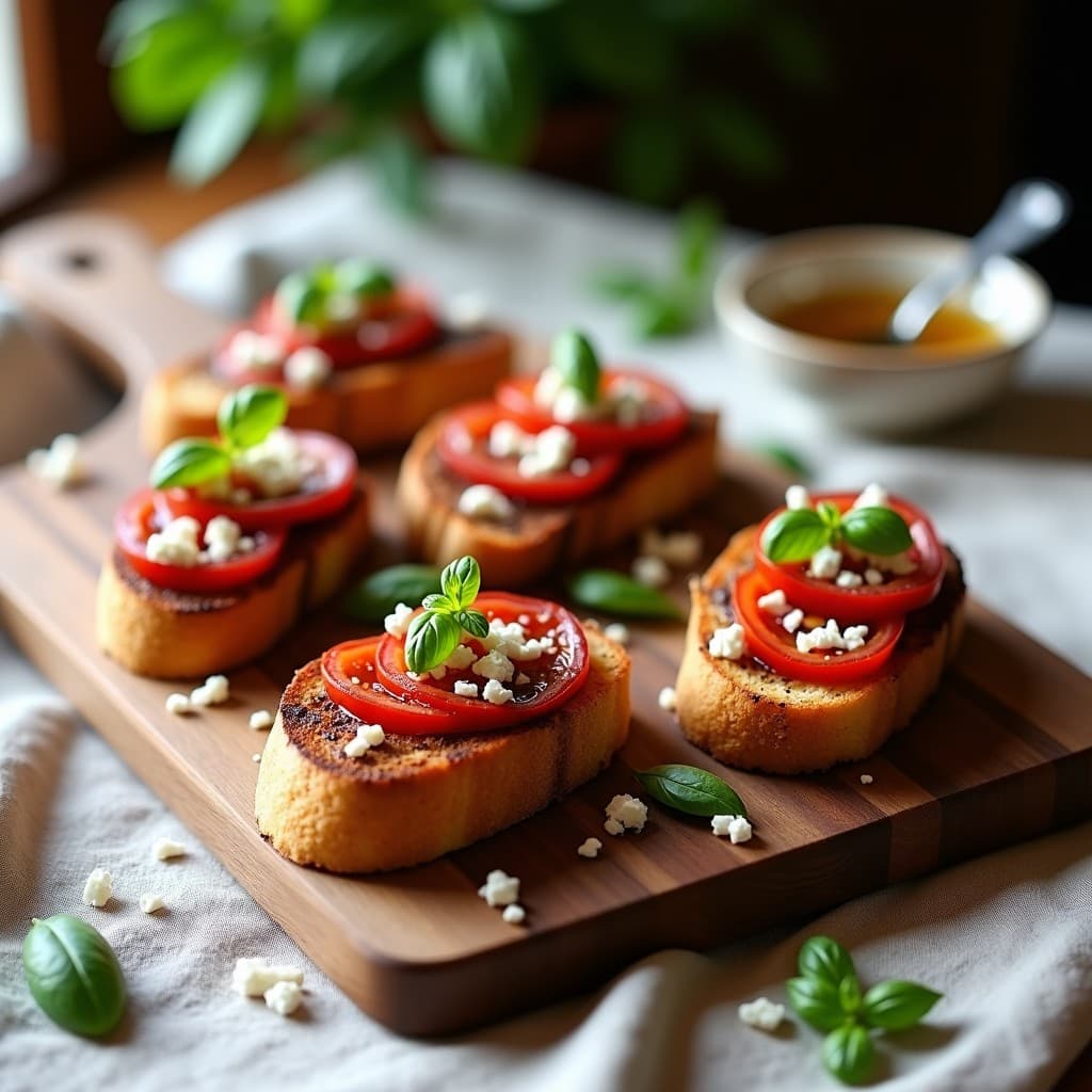 Tostadas doradas de pan de espelta sin gluten sobre tabla de madera rústica, cubiertas con tomates secos en tiras, queso de cabra desmenuzado, hojas de albahaca fresca y bañadas en aceite de trufa negra. Desayuno gourmet sin gluten con contraste de texturas crujientes y cremosas.