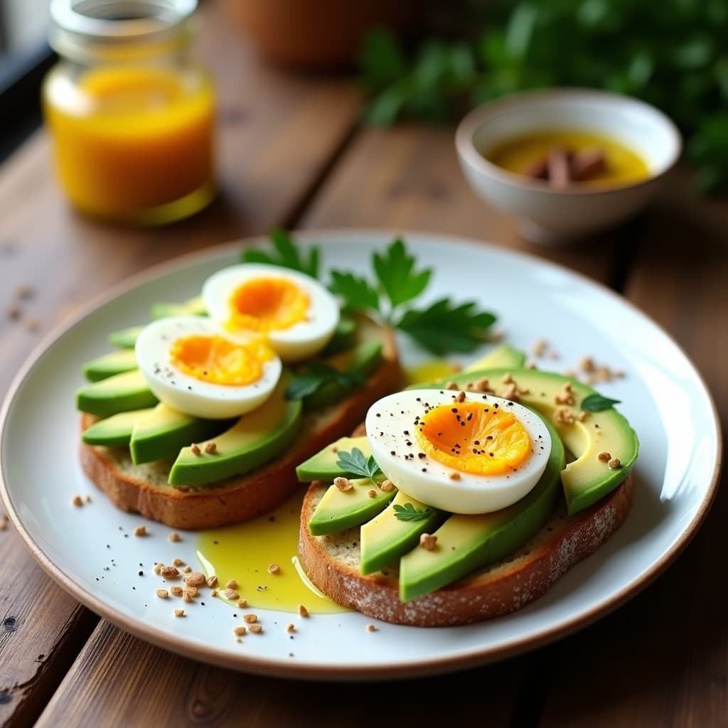 Plato con dos tostadas de pan de espelta dorado, cubiertas con láminas de aguacate verde y huevo escabechado partido por la mitad, decorado con semillas de sésamo, perejil fresco y un hilo de aceite de oliva. Receta de desayuno sin gluten y proteico.