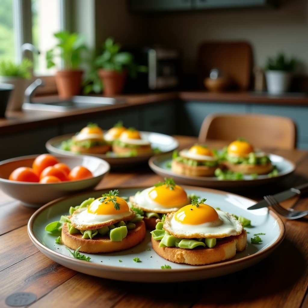 Plato blanco con dos tostadas doradas de pan de espelta, cubiertas con crema de aguacate y coronadas con huevos pochados de yema líquida. Espolvoreadas con semillas de sésamo, perejil fresco y un hilo de aceite de oliva virgen extra. Receta de desayuno mediterráneo rápido y saludable.