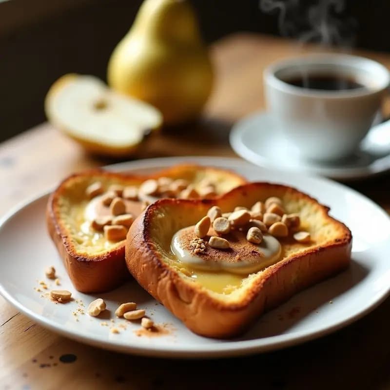 Plato blanco con dos tostadas francesas doradas de pan brioche, generosamente untadas con crema de avellanas cremosa y espolvoreadas con avellanas picadas. Fondo borroso con una taza de café y frutas frescas. Receta de desayuno francés rápido y gourmet.
