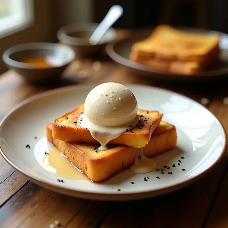Plato blanco minimalista con tostadas francesas doradas de brioche apiladas, coronadas por una bola de helado de vainilla con vetas de miso y miel de yuzu, espolvoreadas con semillas de sésamo negro. Fondo desenfocado con taza de té verde y utensilios de madera.