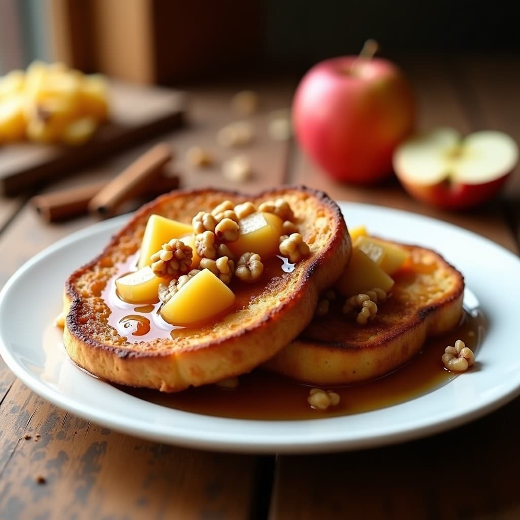 Plato blanco con tostadas francesas doradas y esponjosas, cubiertas de compota de manzana cremosa con canela, espolvoreadas con nueces picadas. Desayuno sin azúcar saludable y apetecible.