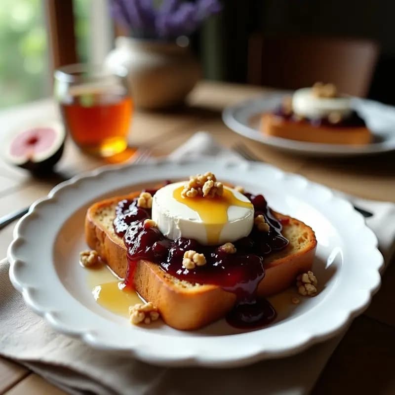Plato blanco elegante con tostadas francesas doradas de pan brioche, compota de higos brillante y cuñas de queso brie derretido, decorado con nueces picadas y un hilo de miel, desayuno francés sofisticado.