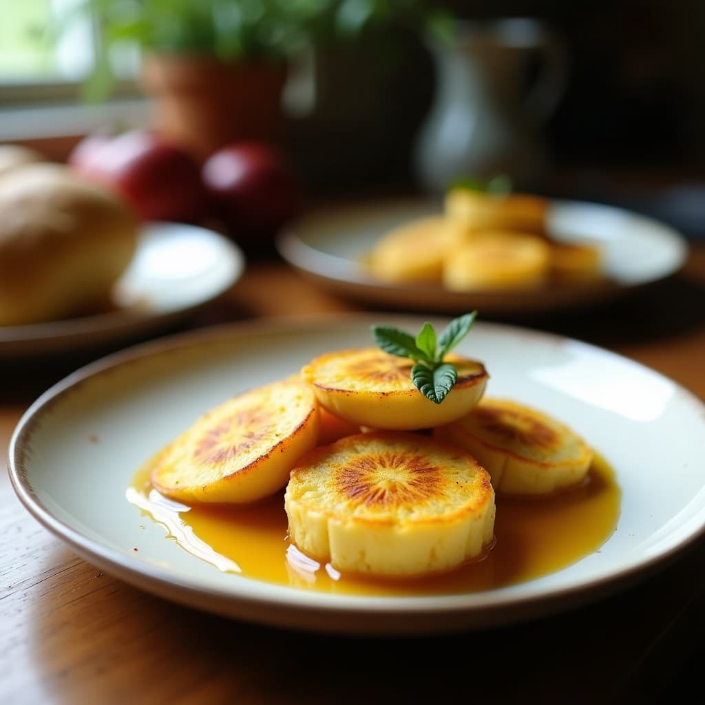 Tostadas francesas doradas de pan de plátano y canela servidas en plato blanco, bañadas con compota de higuera brillante y decoradas con nueces picadas, desayuno sin gluten y alto en potasio.