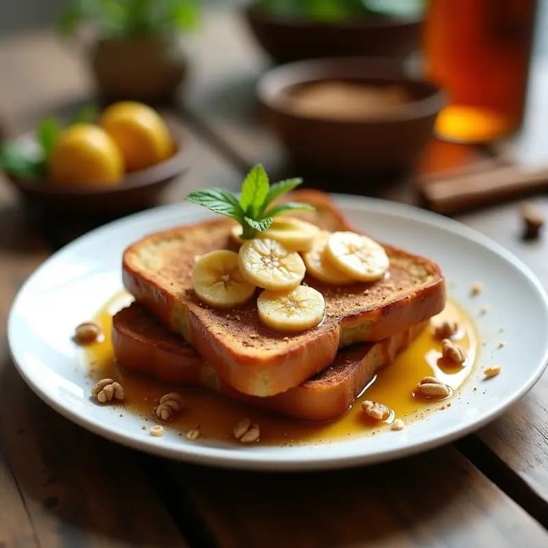 Plato blanco con tostadas francesas doradas y esponjosas, cubiertas con rodajas de plátano caramelizado, nueces picadas y un chorrito de miel, espolvoreadas con canela en polvo. Fondo con taza de café y ramita de canela.