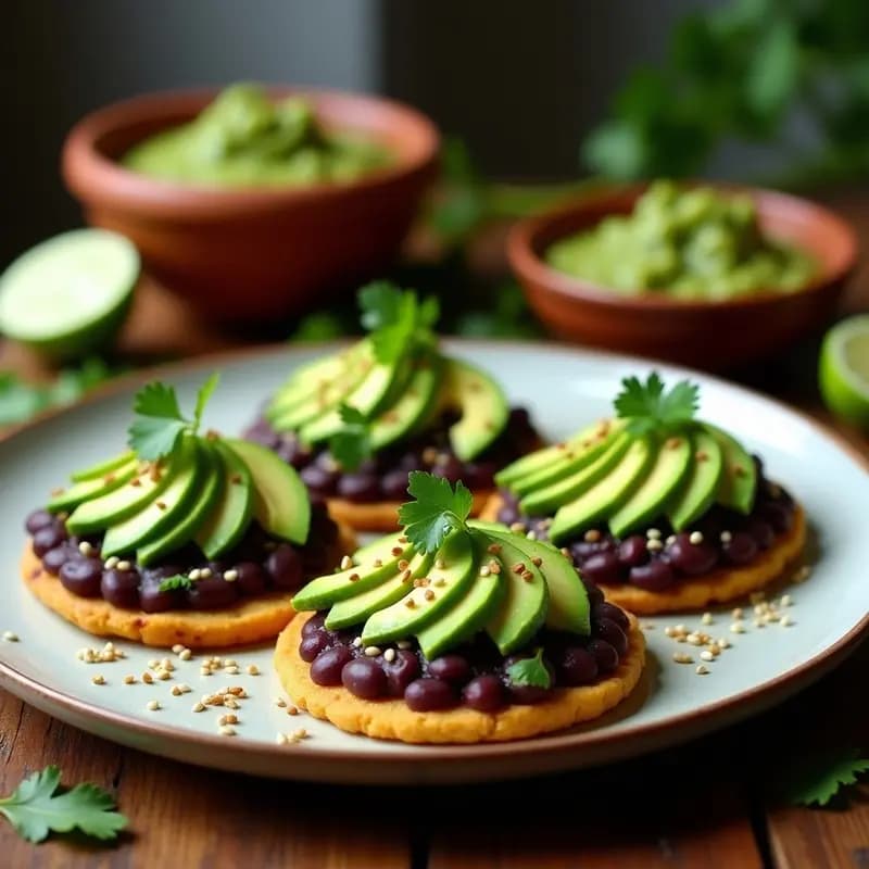 Plato con tostadas mexicanas de maíz azul crujientes, cubiertas con frijoles negros aplastados, láminas de aguacate verde cremoso y salsa verde fresca de tomate y cilantro, decoradas con semillas de sésamo. Receta vegana y sin gluten en 10 minutos.