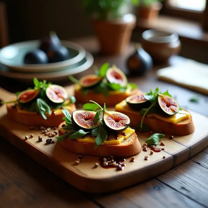 Tostadas doradas de pan de centeno con rodajas de queso halloumi gratinado, cuartos de higo caramelizado, rúcula fresca, nueces picadas, miel de trufa negra y vinagre balsámico reducido, aperitivo chipriota sofisticado sobre tabla de madera rústica.