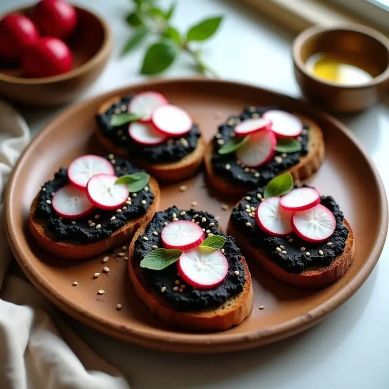 Plato de madera rústico con tostadas de pan de trigo sarraceno cubiertas de hummus negro cremoso, decoradas con rodajas de rábanos rojos, semillas de sésamo y hojas de hierbabuena. Receta egipcia vegana y sin gluten de tostadas de hummus negro y rábanos.