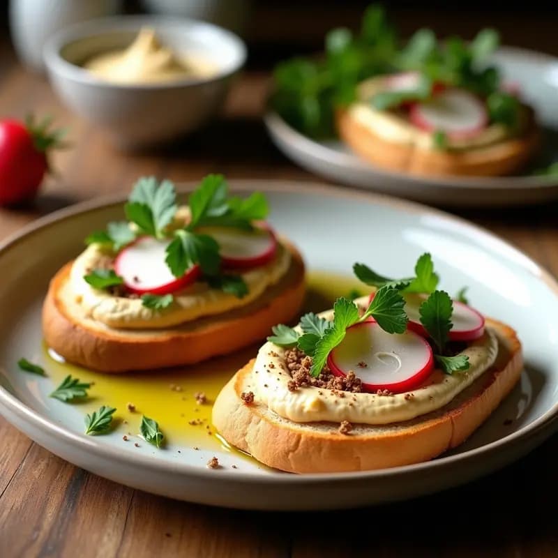 Tostadas doradas de pan pita integral con una capa generosa de hummus cremoso, espolvoreadas con zaatar, decoradas con láminas de rábano, perejil y hojas de menta fresca. Plato de desayuno libanés alto en fibra sobre fondo rústico de madera.