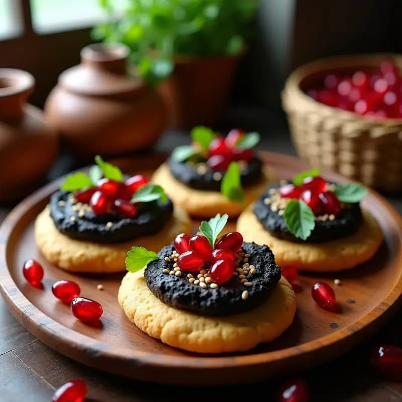 Tostadas triangulares de pan de injer dorado con una capa cremosa de hummus de garbanzos negros, decoradas con granos rojos de granada, hojas de cilantro fresco y semillas de sésamo tostadas. Plato de entrante etíope gourmet servido en una mesa rústica.