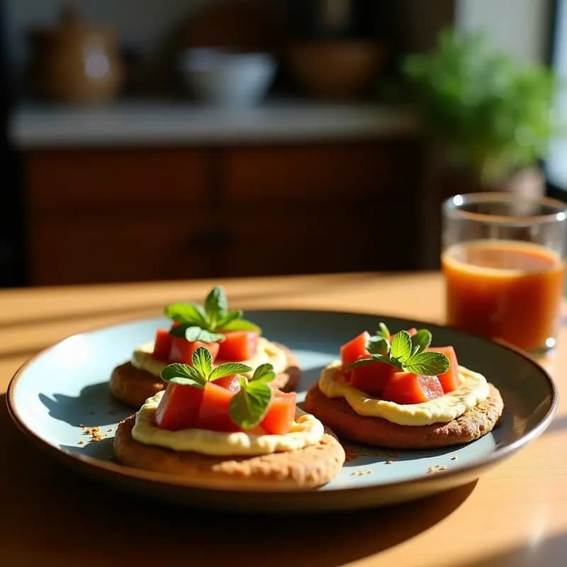 Plato de tostadas de injera doradas, cubiertas con hummus de habas cremoso y láminas finas de rábanos rojos, espolvoreadas con perejil fresco y pimentón. Desayuno etíope sin gluten sobre fondo rústico de madera.