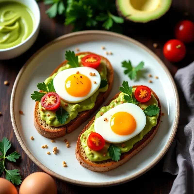 Tostadas de pan de molde integral doradas con puré de aguacate cremoso, huevos de codorniz fritos en forma de estrella con yema líquida, decoradas con tomates cherry, perejil fresco y semillas de sésamo. Plato colorido y estético ideal para desayuno proteico.