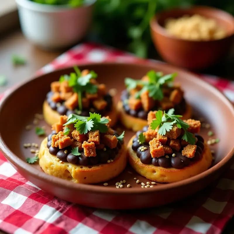 Tostadas doradas de pan de maíz azul cubiertas con frijoles refritos cremosos, chorizo vegano especiado, rodajas de aguacate y cilantro fresco, presentadas en un plato de barro rústico. Desayuno Tex-Mex sin carne lleno de color y textura.