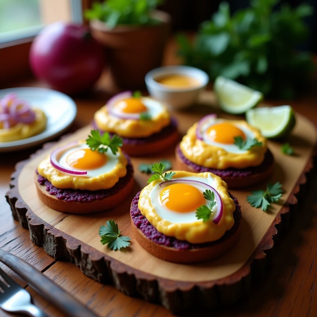 Tostadas doradas de pan de maíz morado con huevos de codorniz fritos, crema de ají amarillo, queso fresco desmenuzado, cebolla morada y semillas de sésamo, desayuno peruano gourmet sobre tabla de madera rústica.