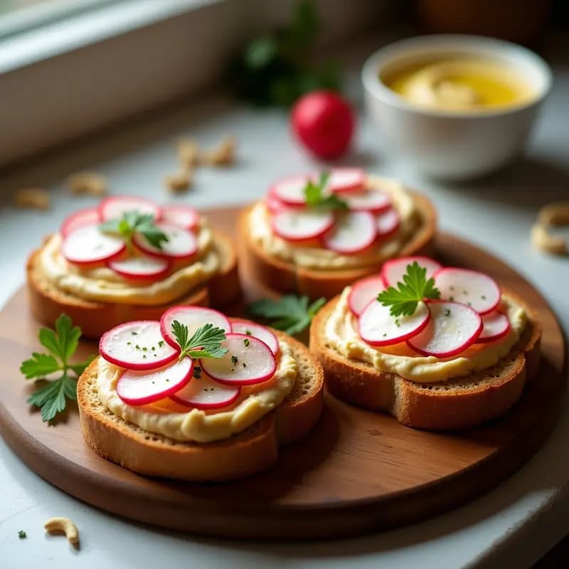 Tostadas doradas de pan de mijo con una capa cremosa de hummus de anacardos, decoradas con rodajas de rábanos rosados, perejil fresco y un toque de pimentón dulce, servidas en un plato rústico de madera. Desayuno africano sin gluten.