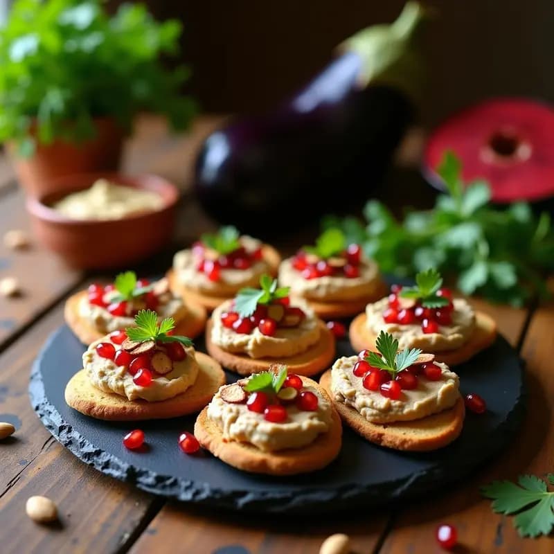 Tostadas morunas con crema de berenjena ahumada, decoradas con granada, almendras y perejil sobre fondo rústico.
