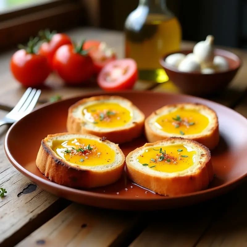 Tostadas doradas de pan rústico con aceite de oliva virgen extra brillante y ajo frotado, espolvoreadas con sal gruesa y pimentón, servidas en un plato de barro sobre una mesa de madera.