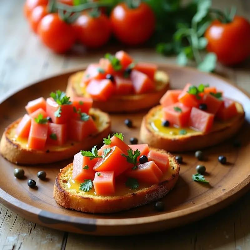 Tostadas doradas de pan de ajo con trozos de tomate rojo fresco y ventresca de atún desmenuzada, decoradas con perejil picado y alcaparras sobre un plato de madera rústico. Desayuno español alto en omega-3.