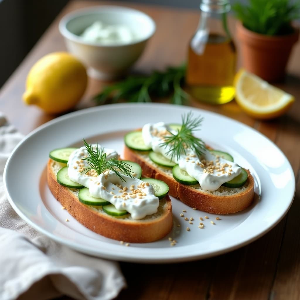 Plato blanco con tostadas doradas de pan de almendra keto y sin gluten, cubiertas con una cremosa capa de tzatziki de pepino y eneldo fresco, espolvoreadas con semillas de sésamo tostadas. Desayuno griego saludable y bajo en carbohidratos.