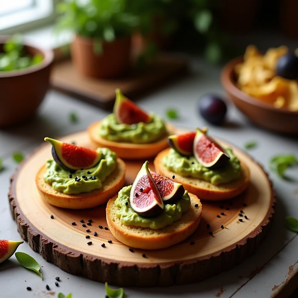 Plato de tostadas doradas de pan de altramuz con una capa cremosa de guacamole verde y trozos de higos frescos morados, decoradas con rúcula y semillas de sésamo, sobre fondo rústico de madera. Entrante español vegano y sin gluten.