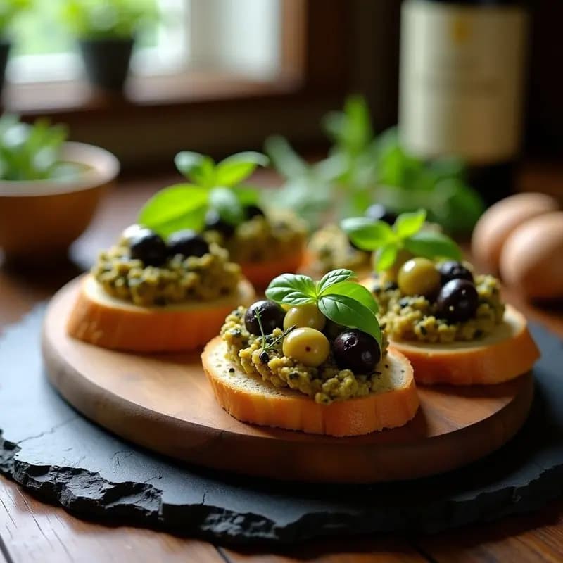 Tostadas doradas de pan de arroz sin gluten con una generosa capa de paté cremoso de aceitunas verdes y negras, tapena y anchoas, decoradas con hojas de albahaca fresca y un hilo de aceite de oliva virgen extra. Plato rústico de madera con fondo borroso, estilo francés elegante.