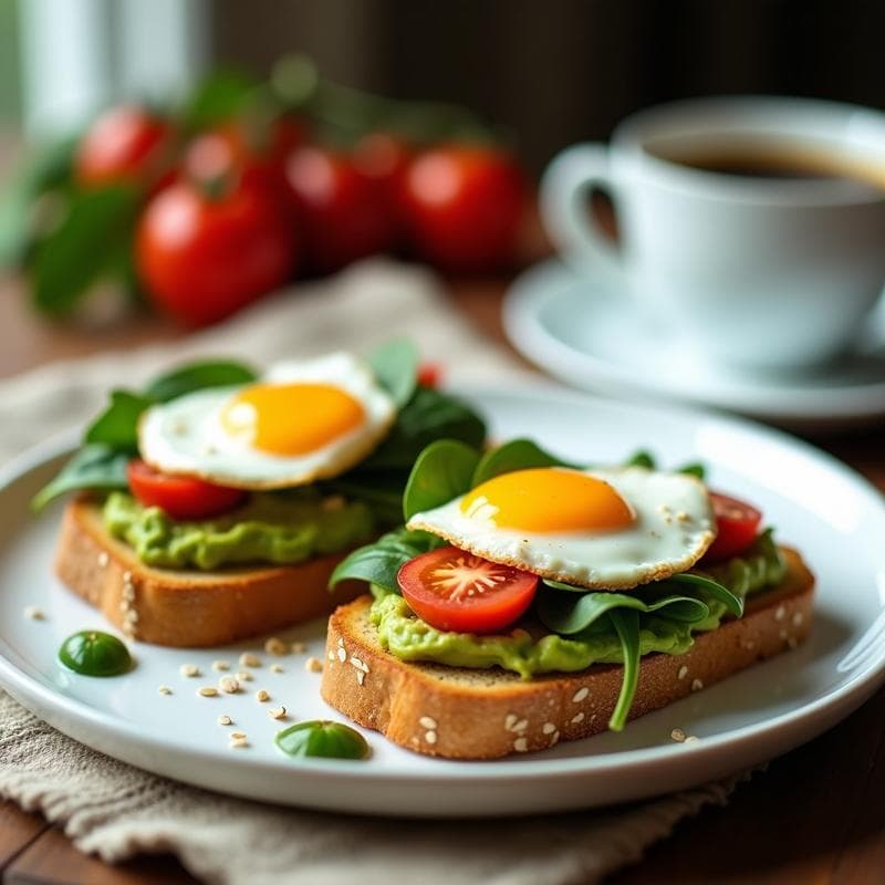 Plato blanco con dos tostadas doradas de pan de avena, untadas con aguacate cremoso y coronadas con huevos poché de yema líquida. Decoradas con tomates cherry, espinacas frescas y semillas de sésamo, sobre un mantel rústico de lino.