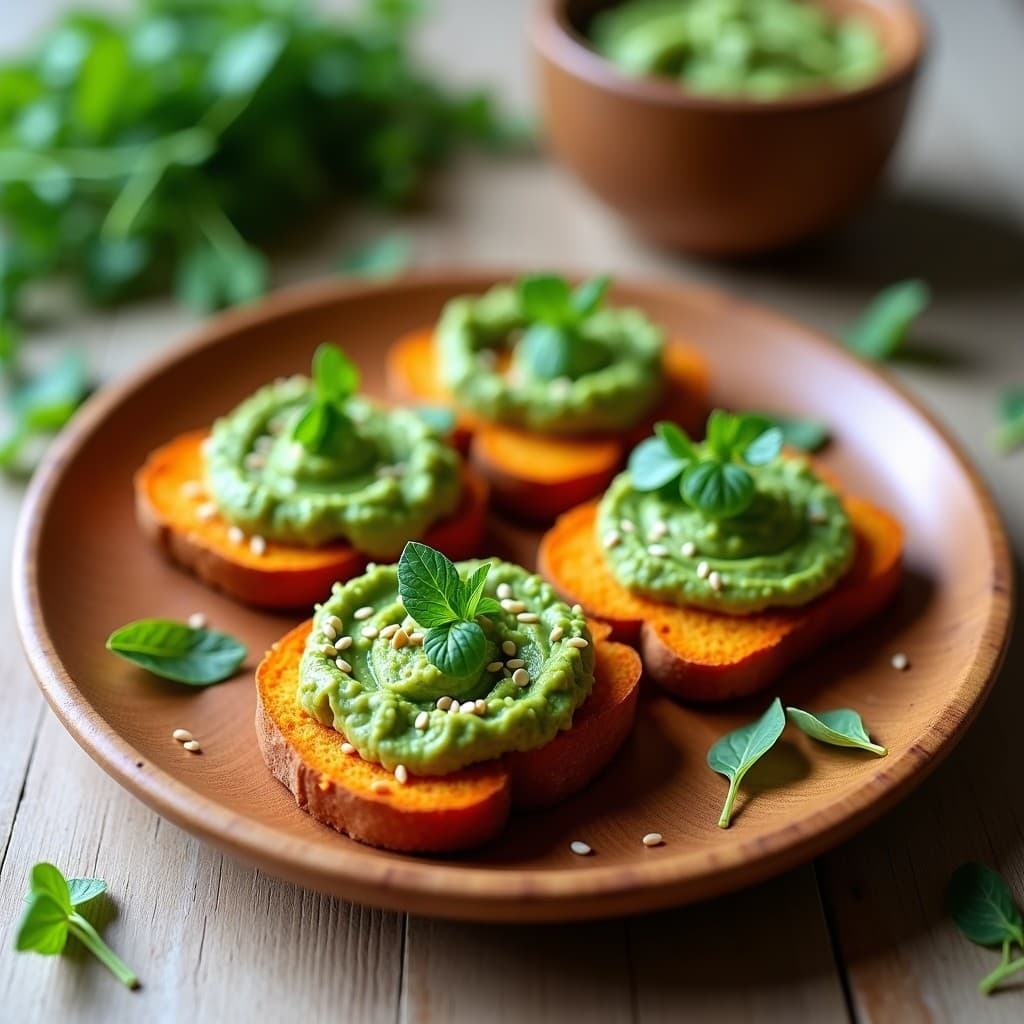 Tostadas doradas de pan de batata con una capa vibrante de pesto verde de hierbas silvestres, servidas en un plato rústico de cerámica sobre una mesa de madera con hierbas frescas de decoración. Receta de desayuno sin gluten en 15 minutos.