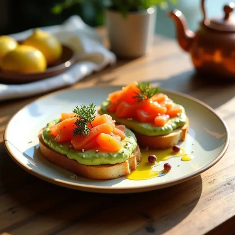 Tostadas redondas de pan bebé dorado con crema de aguacate verde brillante, huevas de salmón naranjas y decoración de eneldo fresco sobre una tabla de madera rústica, receta escandinava de brunch.