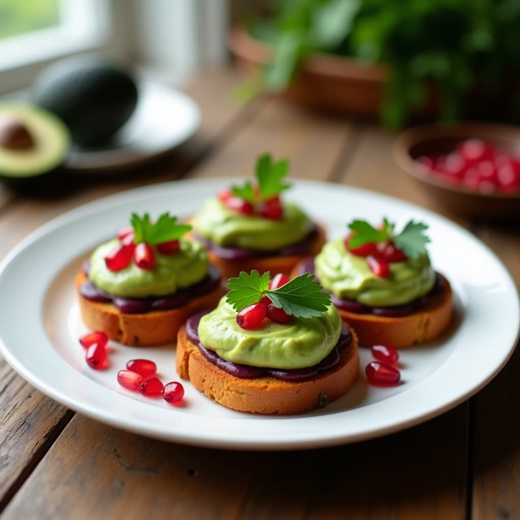 Plato blanco con tostadas doradas de pan de camote morado, cubiertas de crema verde de aguacate y decoradas con semillas rojas de granada y hojas de cilantro fresco. Desayuno antioxidante colorido y saludable.