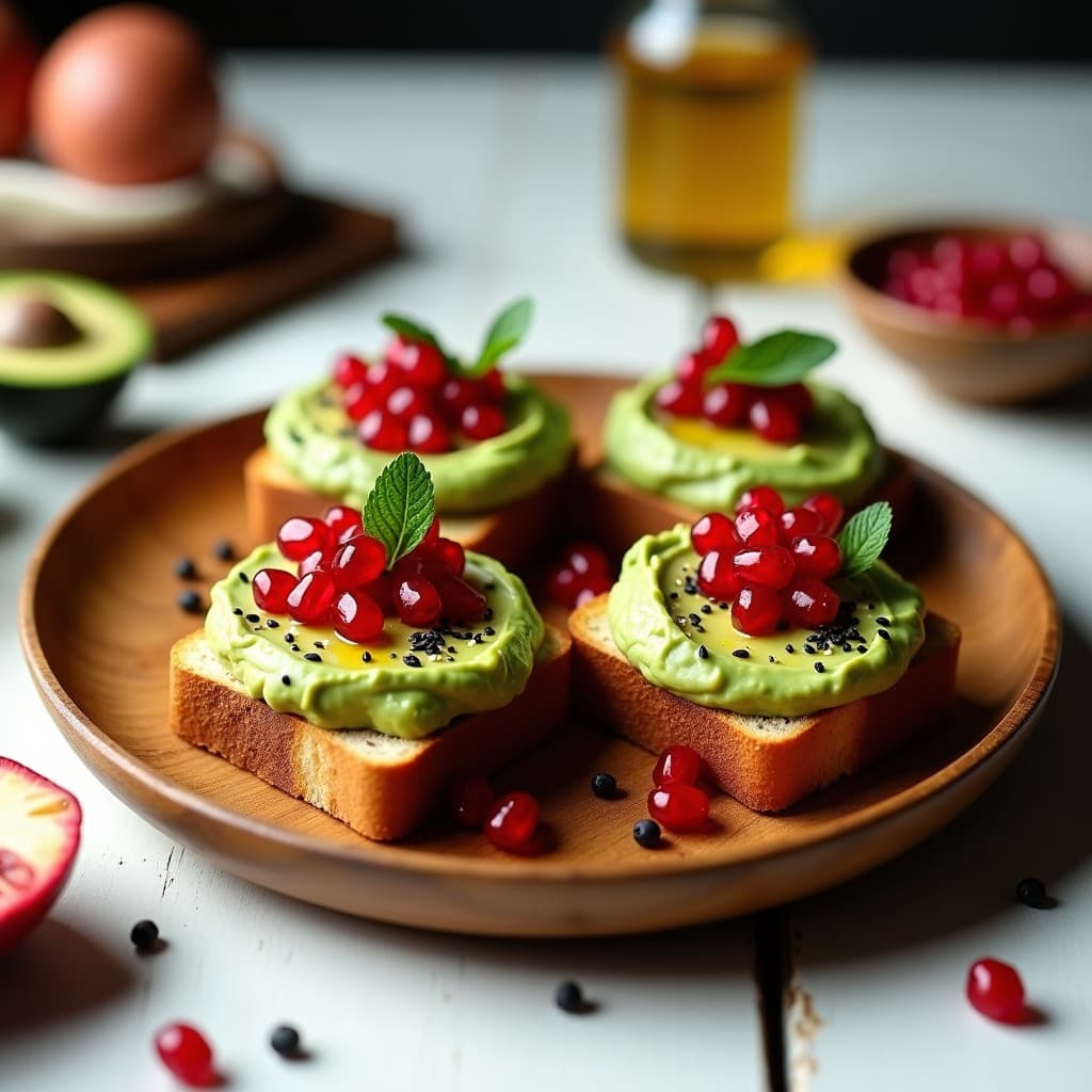 Tostadas doradas de pan de castaña con una capa cremosa de aguacate verde, granos de granada rojos brillantes, semillas de sésamo negro y hojas de menta fresca, servidas en un plato de madera rústico. Desayuno sin gluten y antioxidante.