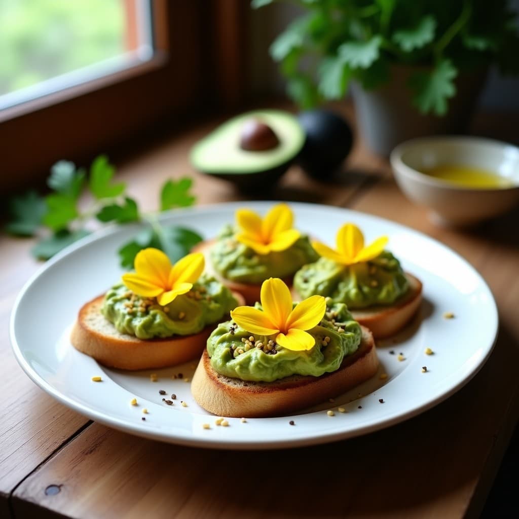 Tostadas doradas de pan de castaña sin gluten con una capa cremosa de guacamole de aguacate hass, decoradas con flores de calabacín frescas y semillas de sésamo tostadas, servidas en un plato de cerámica blanca sobre una mesa de madera rústica.