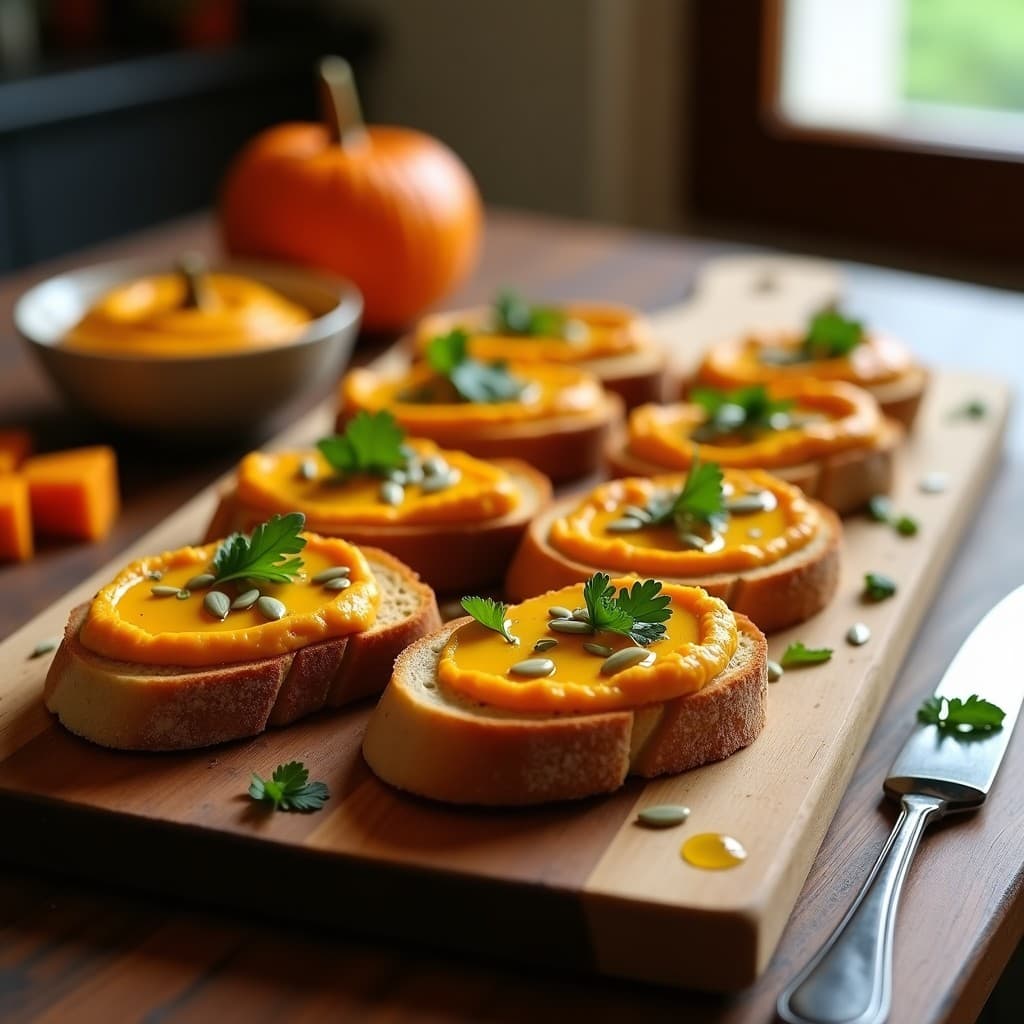 Tostadas doradas de pan de castaña con una generosa capa de hummus de calabaza naranja, decoradas con semillas de calabaza, perejil fresco y un hilo de aceite de oliva virgen extra, aperitivo francés sin gluten sobre una tabla de madera rústica.