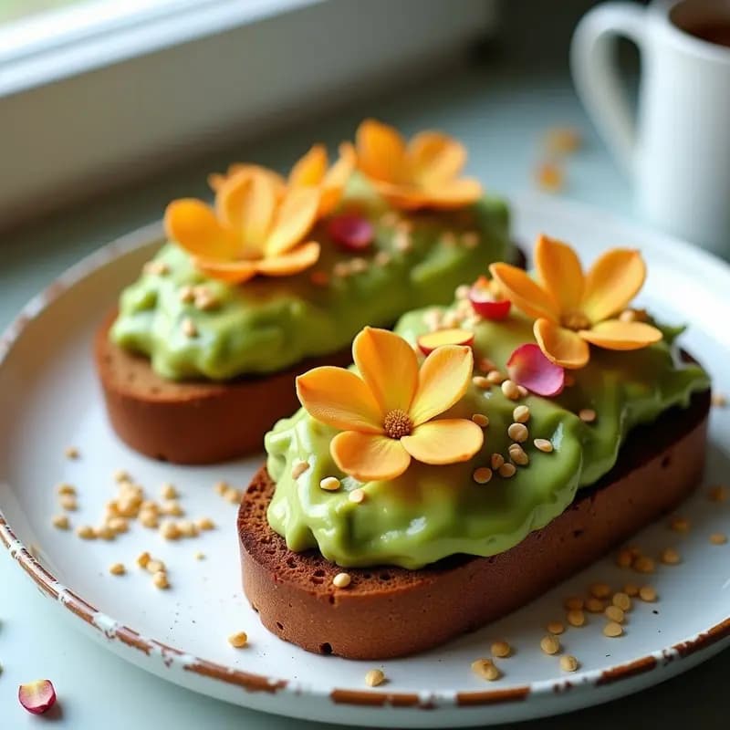 Tostadas de pan de centeno crujiente con puré de aguacate cremoso, decoradas con semillas de sésamo doradas en forma de flores y pétalos de rosa comestibles. Plato fotogénico y colorido sobre fondo claro.