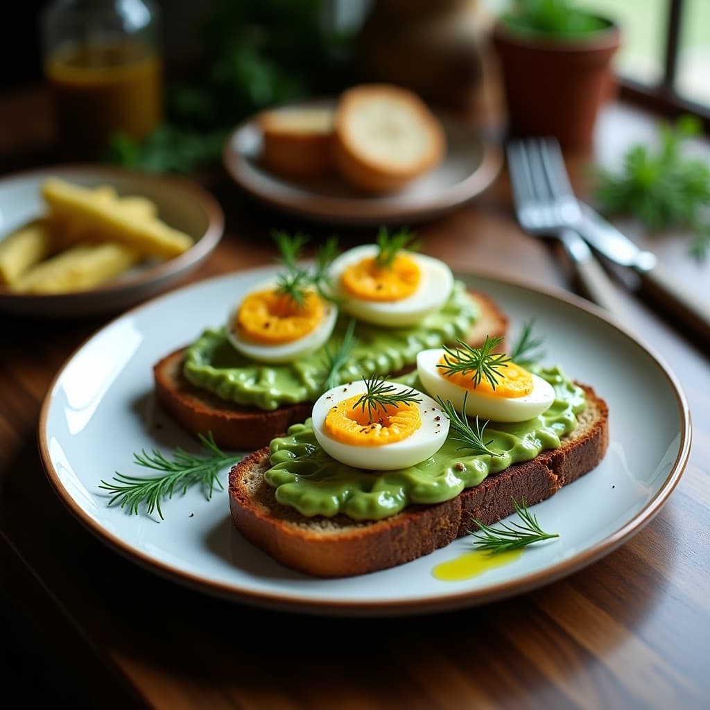 Tostadas doradas de pan de centeno con una generosa capa de crema verde de berros, coronadas por huevos de codorniz escabechados cortados a la mitad, cebolla morada picada y eneldo fresco. Plato servido en tabla de madera con fondo rústico.