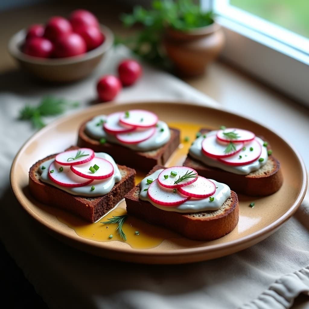 Tostadas doradas de pan de centeno con una crema suave de anchoas, coronadas por rodajas rosadas de rabanitos frescos, cebollino picado y eneldo. Plato rústico de madera con fondo claro, típico de un brunch sueco.