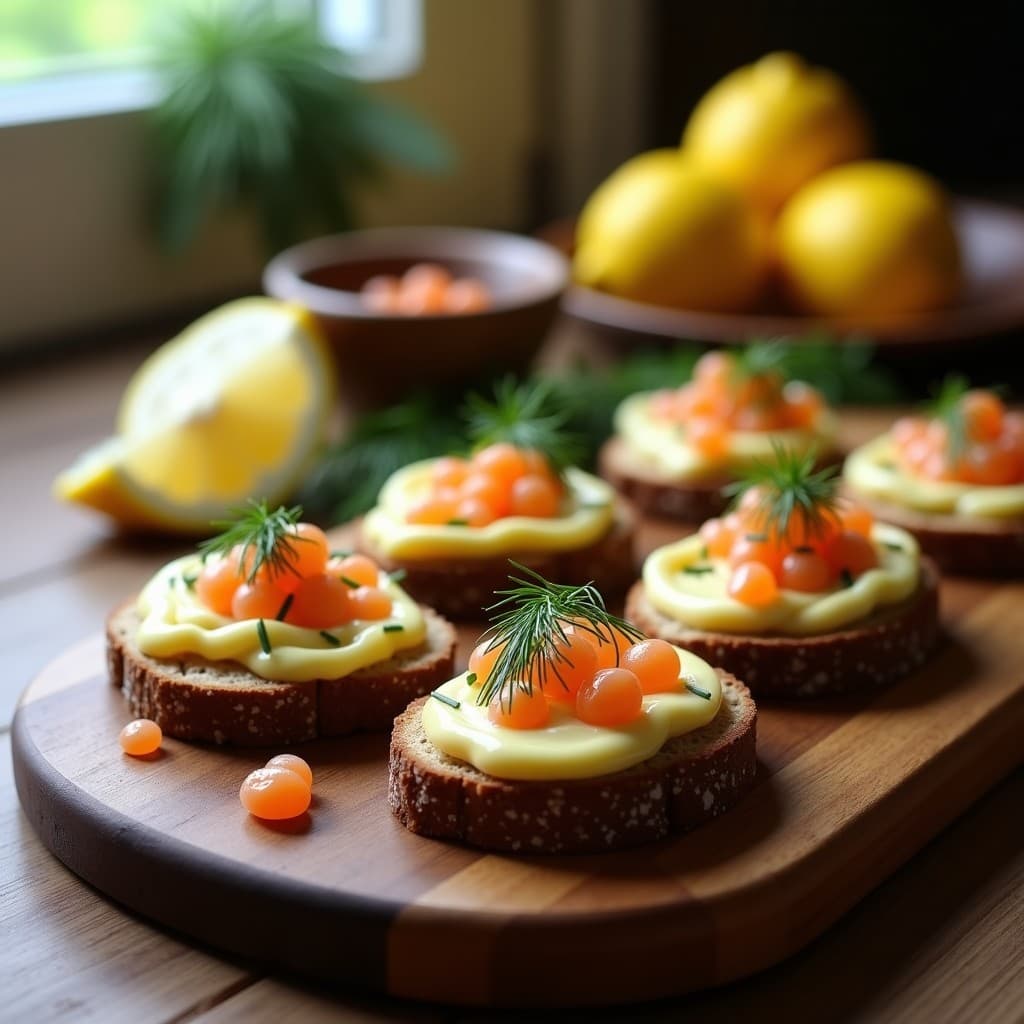 Tostadas doradas de pan de centeno con una crema suave de anchoas y limón, decoradas con eneldo fresco, cebollino y huevas de salmón, sobre una tabla de madera rústica. Receta escandinava rápida y elegante.