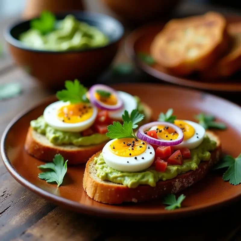 Tostadas doradas de pan de centeno con una capa cremosa de puré de guacamole verde, huevos escabechados en rodajas amarillas y decoración de cebolla morada, tomate y cilantro fresco. Plato de desayuno mexicano keto listo para servir.