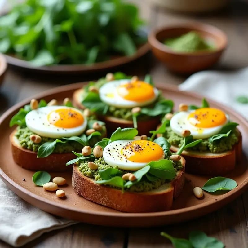 Tostadas doradas de pan de centeno con huevos de codorniz de yema líquida, cubiertas de pesto verde de rúcula y decoradas con piñones y hojas frescas. Desayuno italiano proteico en un plato rústico de madera.