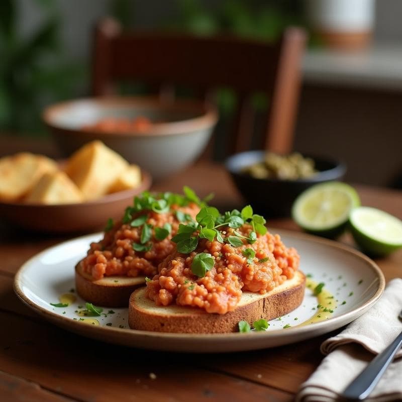 Tostadas de pan de centeno doradas con una capa cremosa de paté de lentillas, decoradas con hojas de rúcula fresca y un hilo de aceite de oliva virgen extra. Aperitivo francés alto en hierro servido en una tabla de madera rústica.