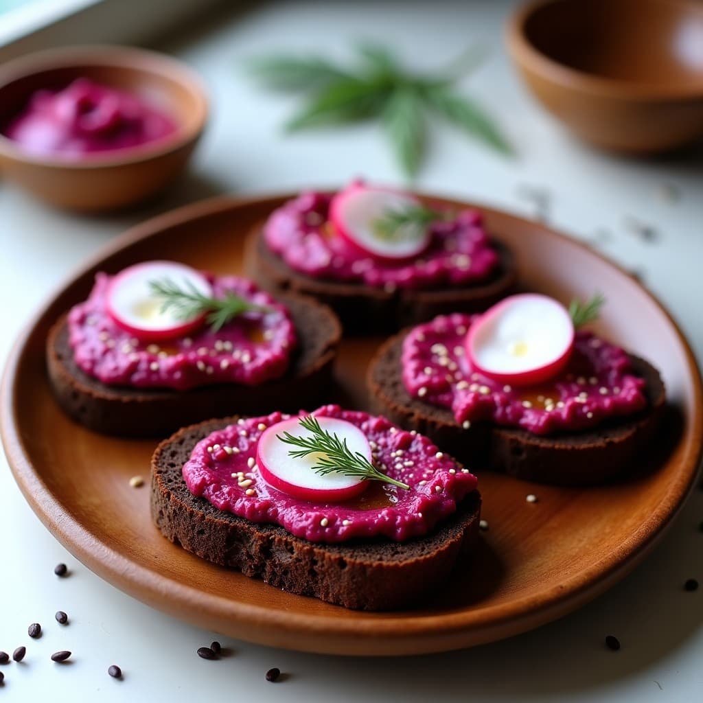 Plato blanco con tostadas de pan de centeno sin gluten cubiertas de paté de remolacha y rábano negro, decoradas con semillas de sésamo negro y eneldo fresco. Desayuno europeo sin gluten vibrante y apetecible.