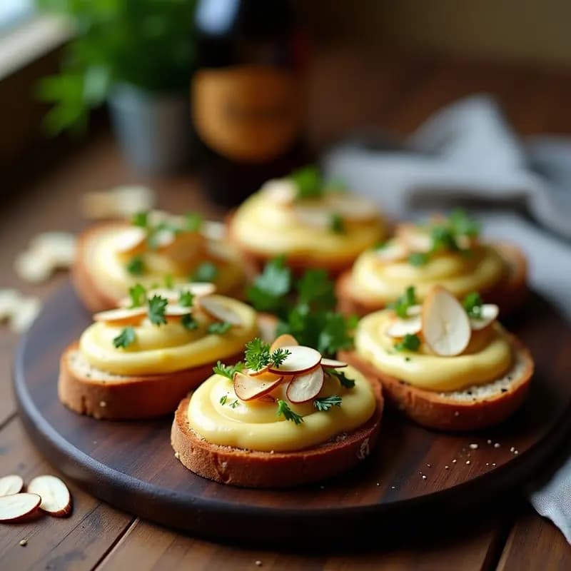 Tostadas doradas de pan de centeno sin gluten con una capa cremosa de puré de apio nabo, decoradas con almendras fileteadas, perejil fresco y hebras de trufa blanca. Plato elegante sobre fondo rústico de madera, receta de aperitivo francés sin gluten.