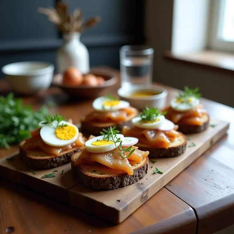 Tostadas de pan de centeno integral crujientes con capas de crema de queso de cabra, rodajas de remolacha asada, arenque marinado al limón y eneldo, y huevas de salmón, decoradas con cebollino fresco. Receta nórdica alta en fibra.