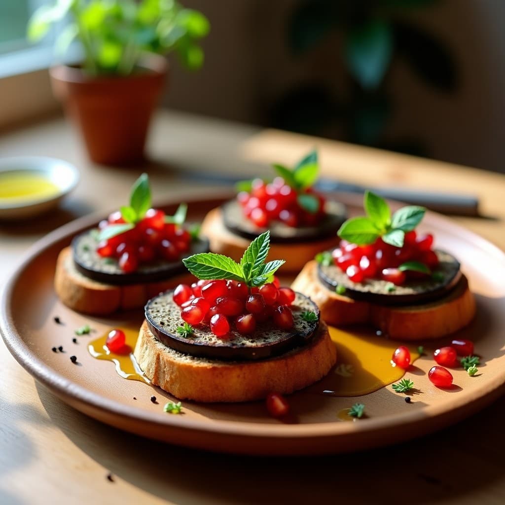 Tostadas doradas de pan de chía crujientes con una capa cremosa de puré de berenjena asada, decoradas con granos de granado rojos brillantes y perejil fresco. Plato blanco sobre fondo de madera rústica, receta de desayuno sin gluten y rápido.
