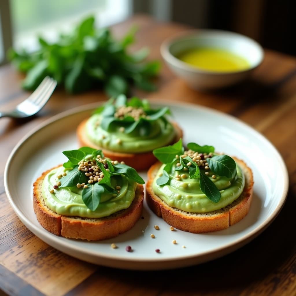 Tostadas doradas de pan de chía crujientes con una capa cremosa de hummus de guisantes verde claro, decoradas con hojas de rúcula fresca y semillas de sésamo tostadas. Plato de desayuno vegano alto en fibra sobre fondo de madera rústica.