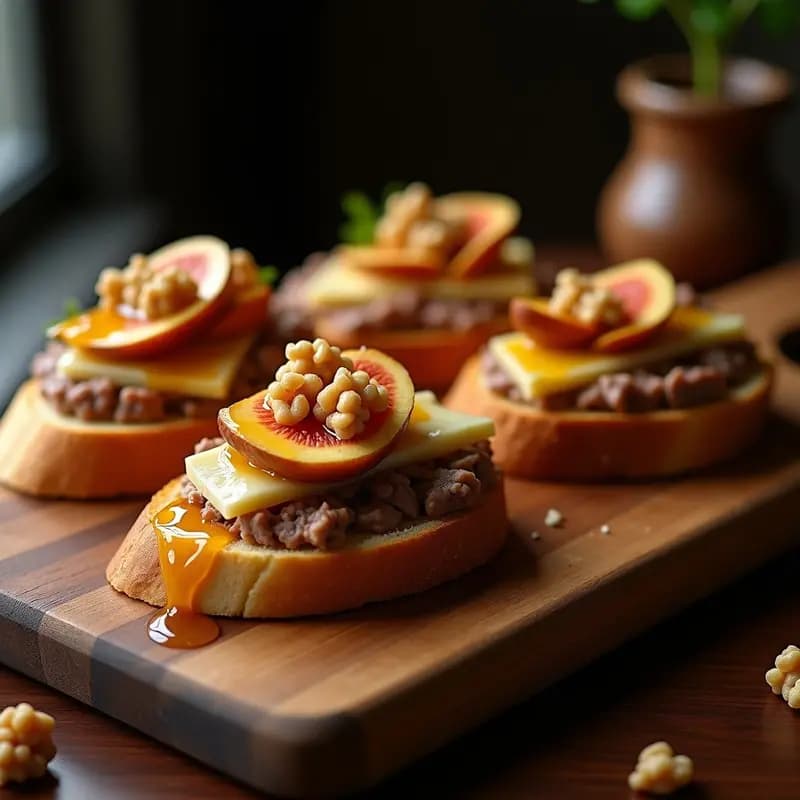Tostadas doradas de pan blanco espeso con una capa generosa de paté de hígado cremoso, láminas de queso brie fundido, higos caramelizados y nueces picadas, servidas en una bandeja de madera rústica con un hilo de miel brillante.