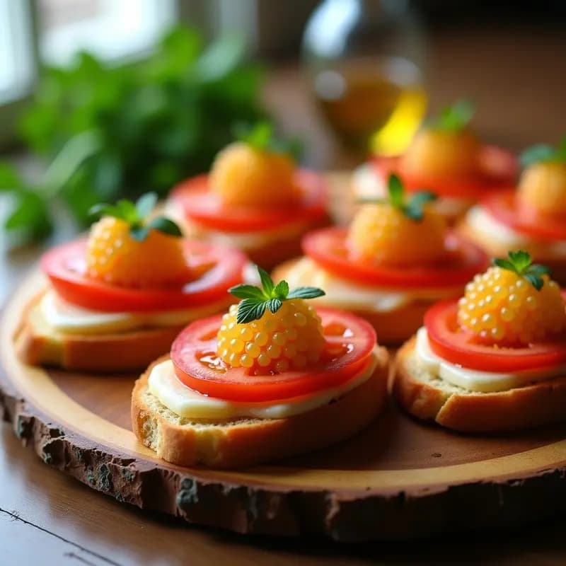 Tostadas crujientes de pan de cristal con tomate triturado, ventresca de atún en láminas, caviar de limón brillante y perejil fresco, servidas en bandeja de madera rústica con luz natural.